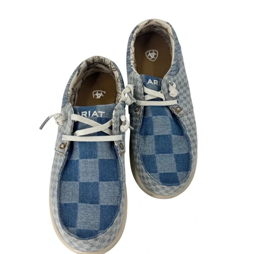 Ariat Hilo Women Blue‎ Checkerboard Denim Loafers Moc Toe Shoes  7.5
